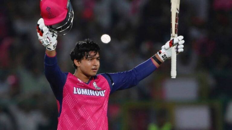 Vaibhav Suryavanshi hitting a six in IPL match