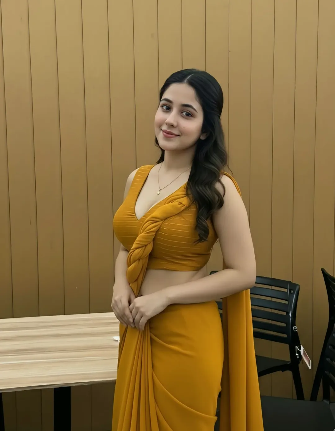 Aastha Flaunts Modern Yellow Saree Glam