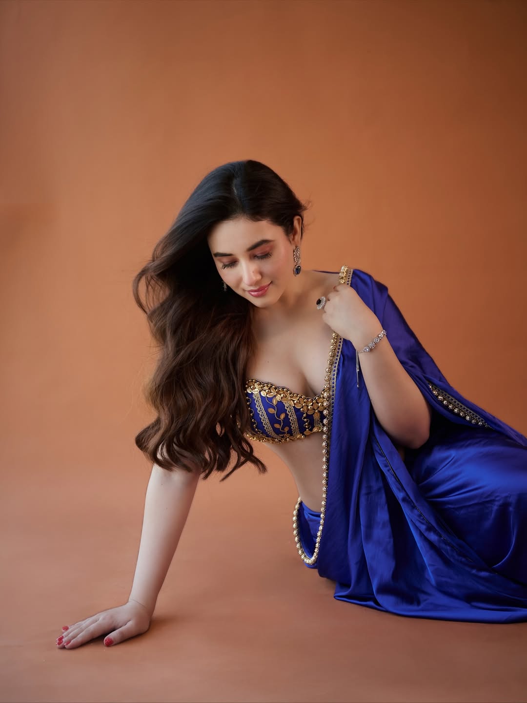 Aditi Budhathoki Royal Blue Saree Glamour