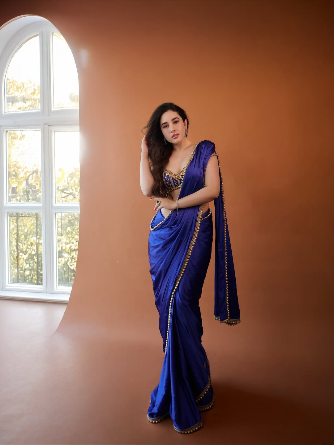 Aditi Budhathoki Stylish Blue Saree Portrait