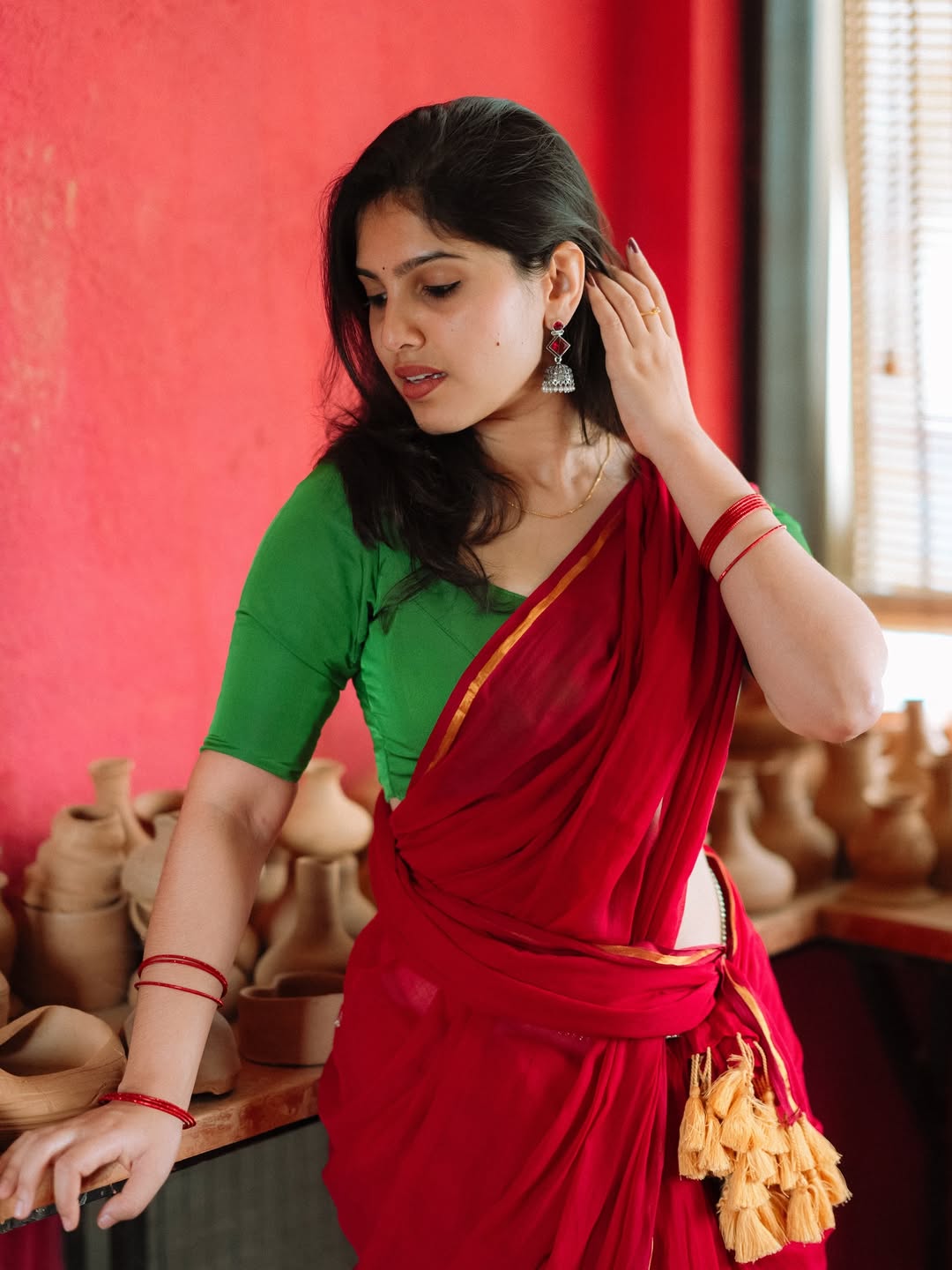 Bhoomica Desi Glam Look In Red Saree