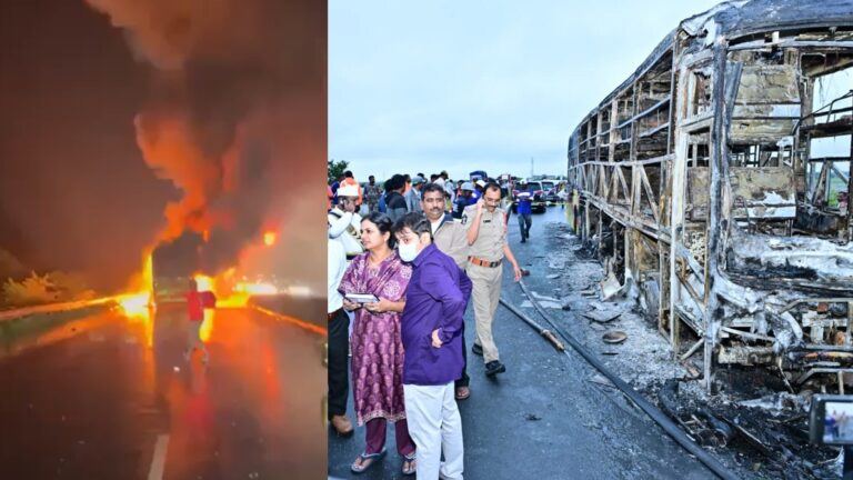 Burnt private bus near Kurnool after major fire accident killing 21 passengers