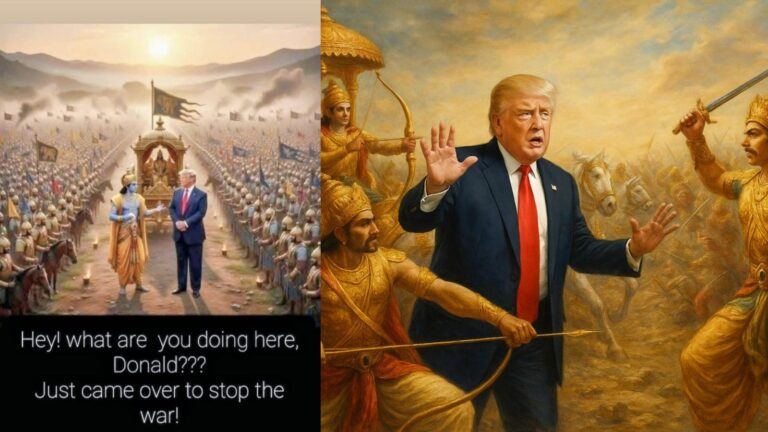 Cartoon of Donald Trump as a peace envoy pleading with Krishna to stop a great war