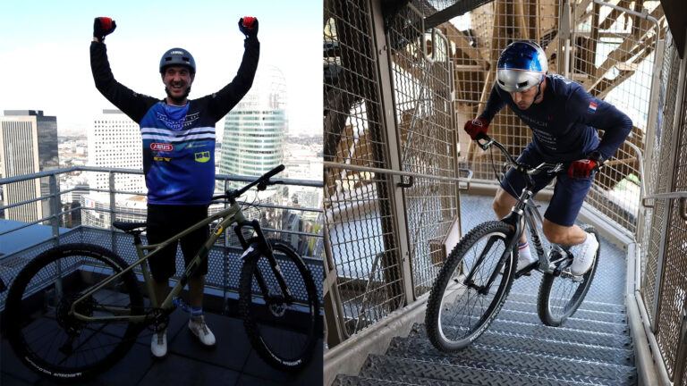 Cyclist climbs Eiffel Tower on bicycle