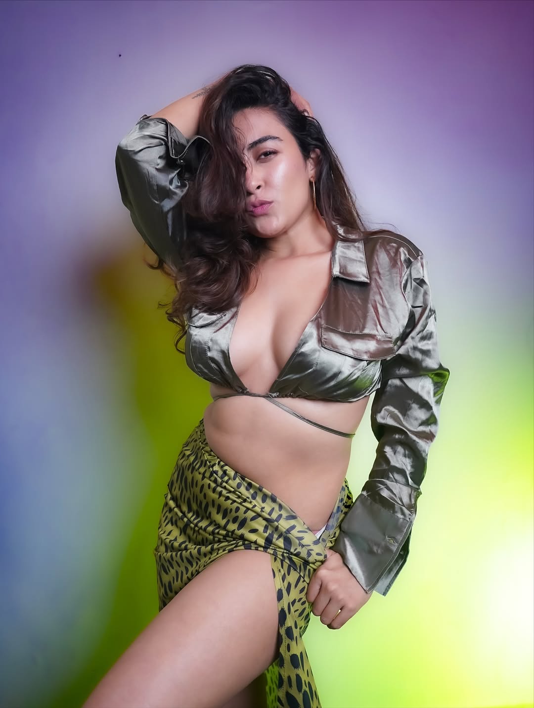 Jinal Joshi Fierce Pose In Green Satin Top