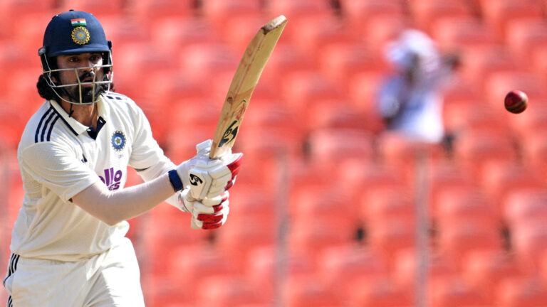 KL Rahul celebrates Test century in Ahmedabad