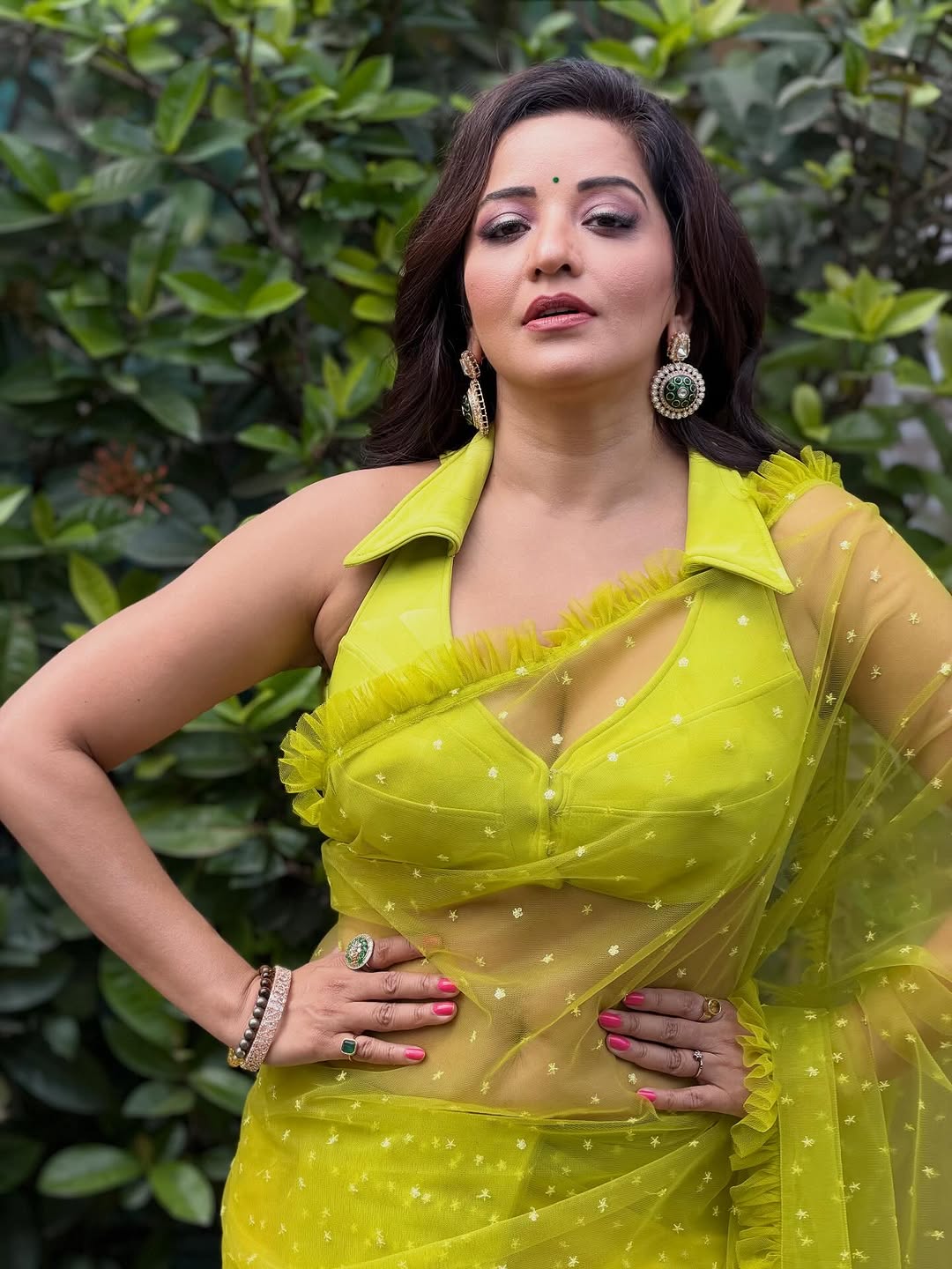 Monalisa Posing In Sheer Lime Saree