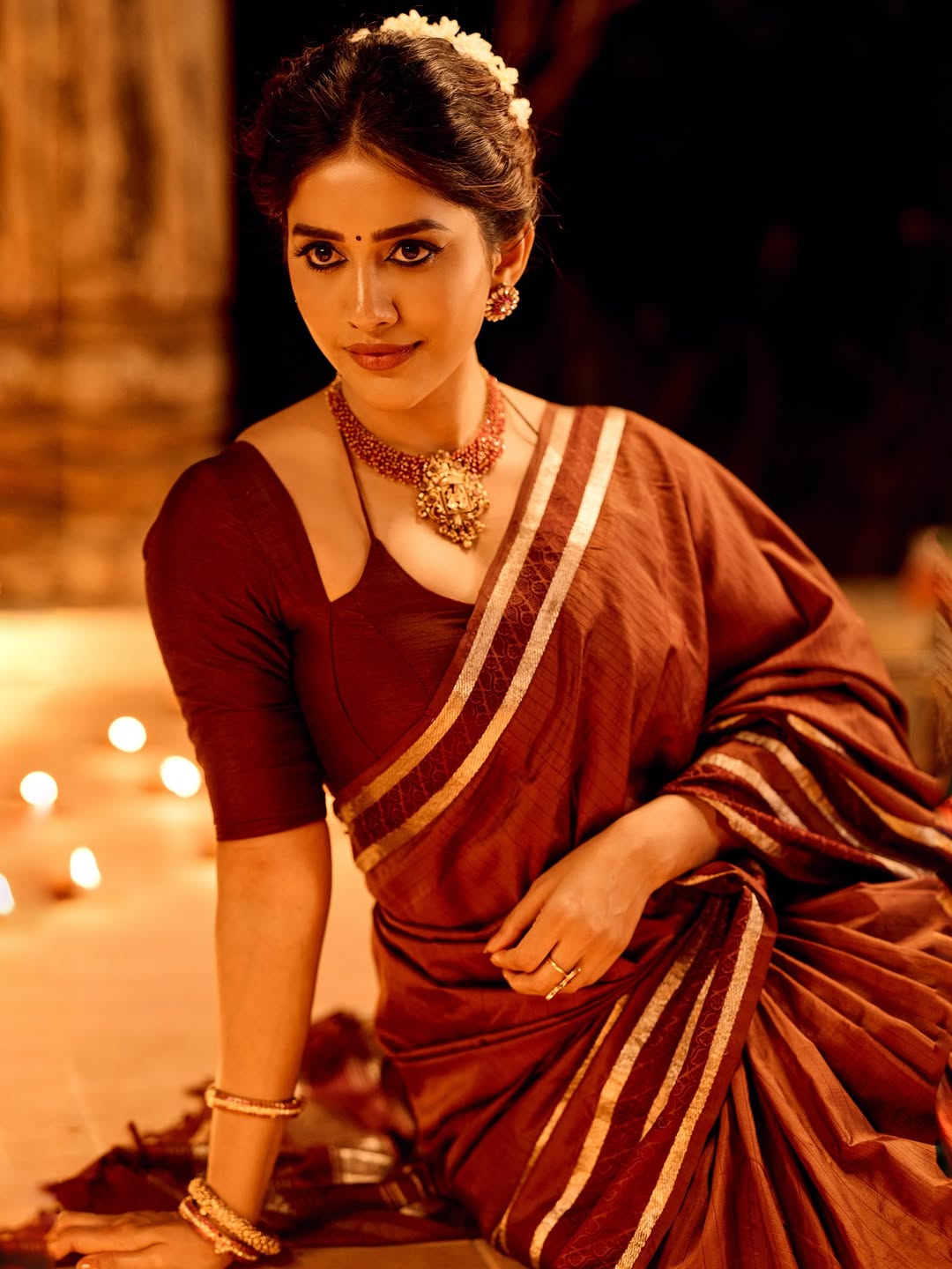 Nabha Natesh In Maroon Silk Saree Look