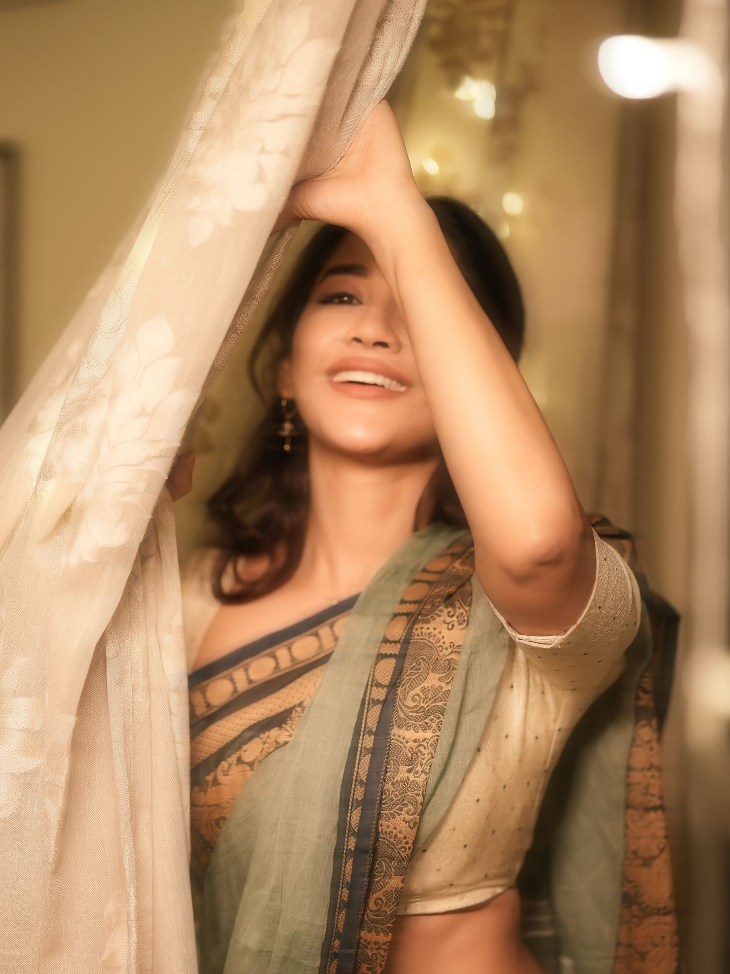 Nabha Natesh Smiles Bright In Soft Saree Draping
