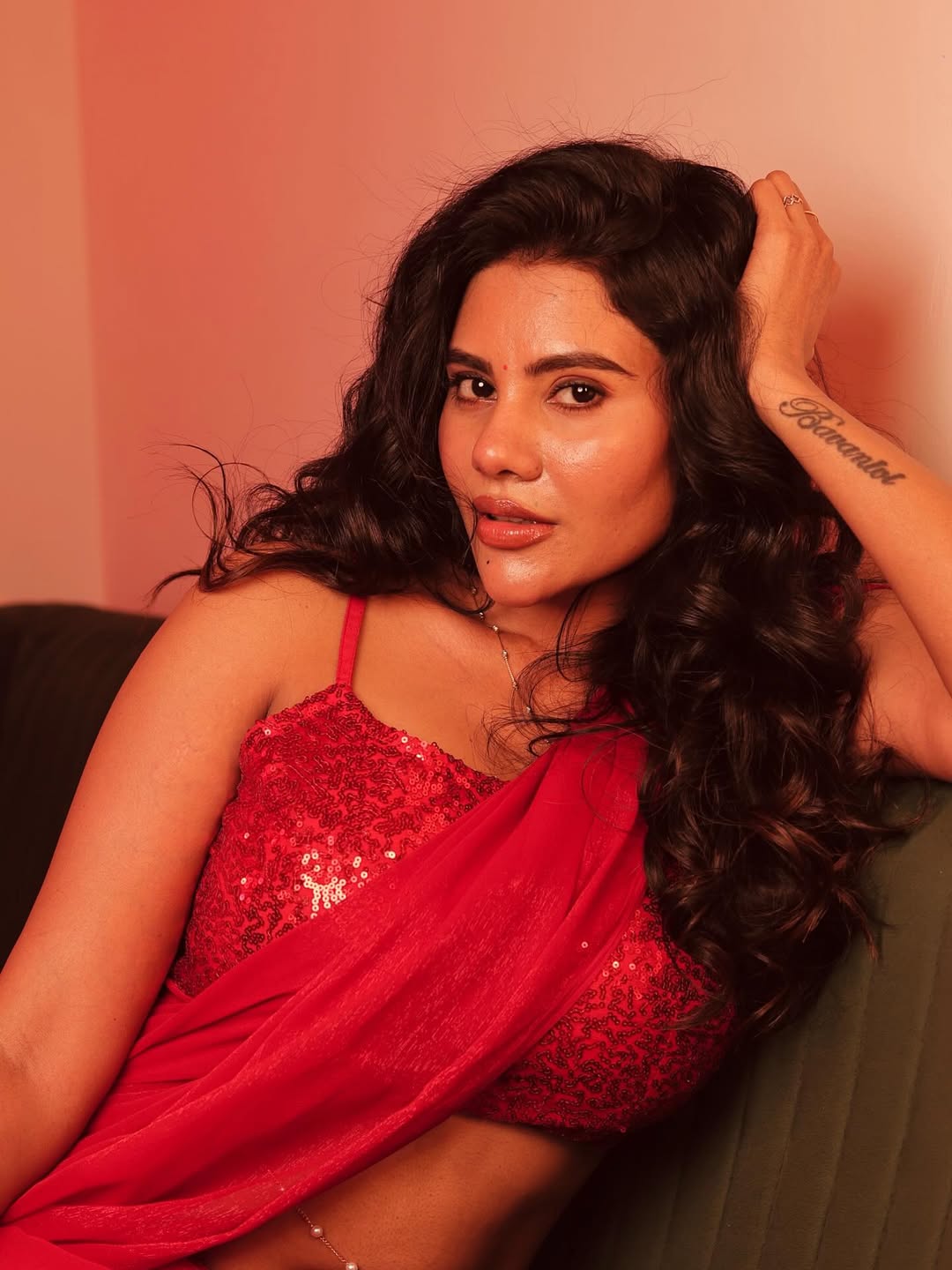 Nivisha Hot Desi Look In Red Saree