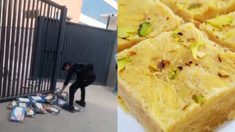 Sonipat employees throw Soan Papdi boxes
