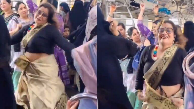 Woman dancing near Mumbai train door