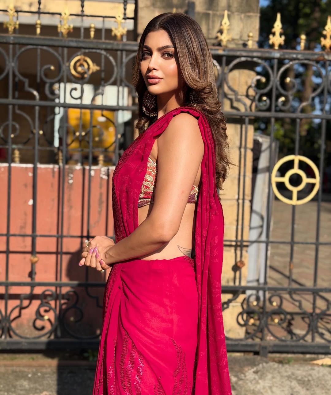Akanksha Puri's Side Profile In A Red Saree