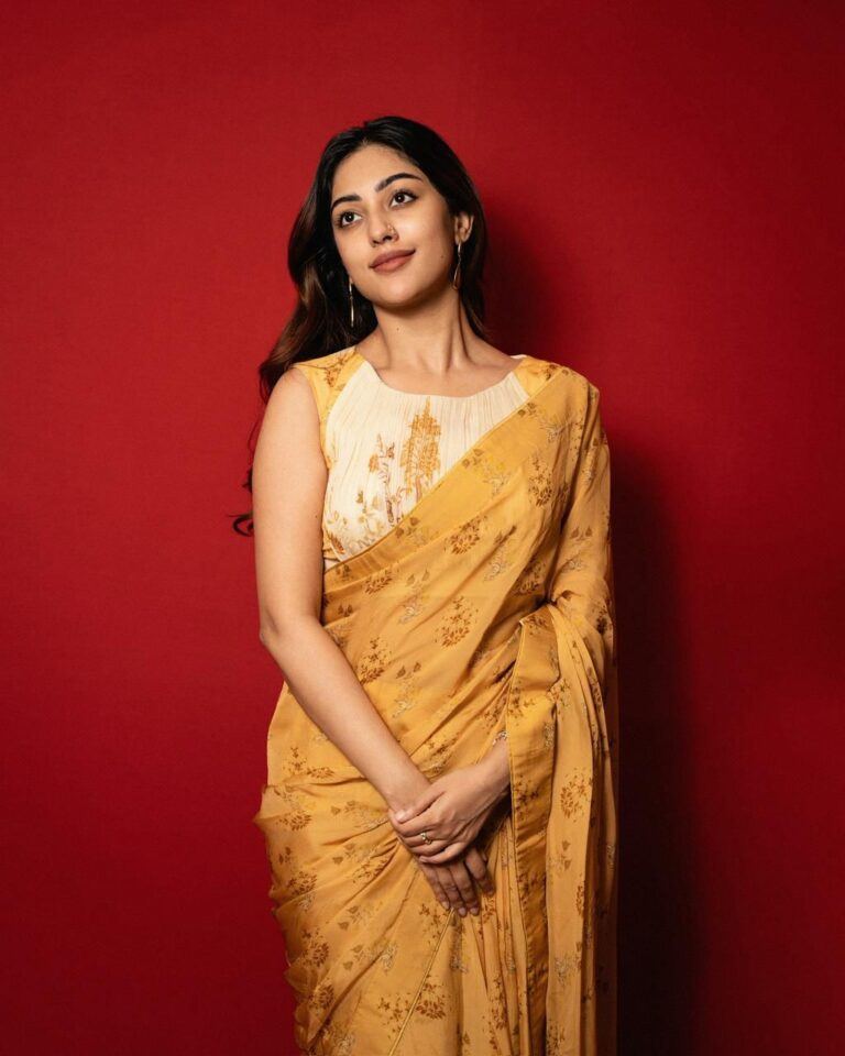 Anu Emmanuel In Golden Saree Against Red Backdrop