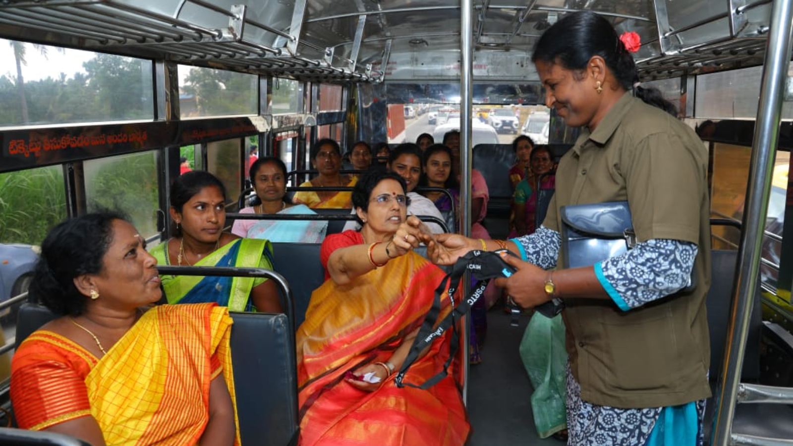 Bhuvaneshwari taking a free RTC bus ride under the Sthree Shakti scheme