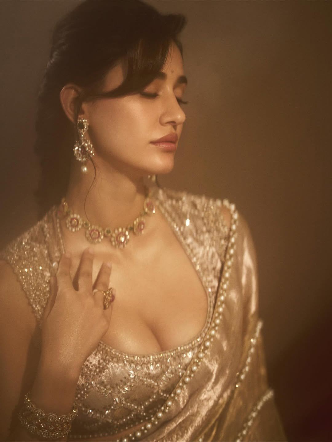 Close Up Of Disha Patani's Pearl Embellished Saree