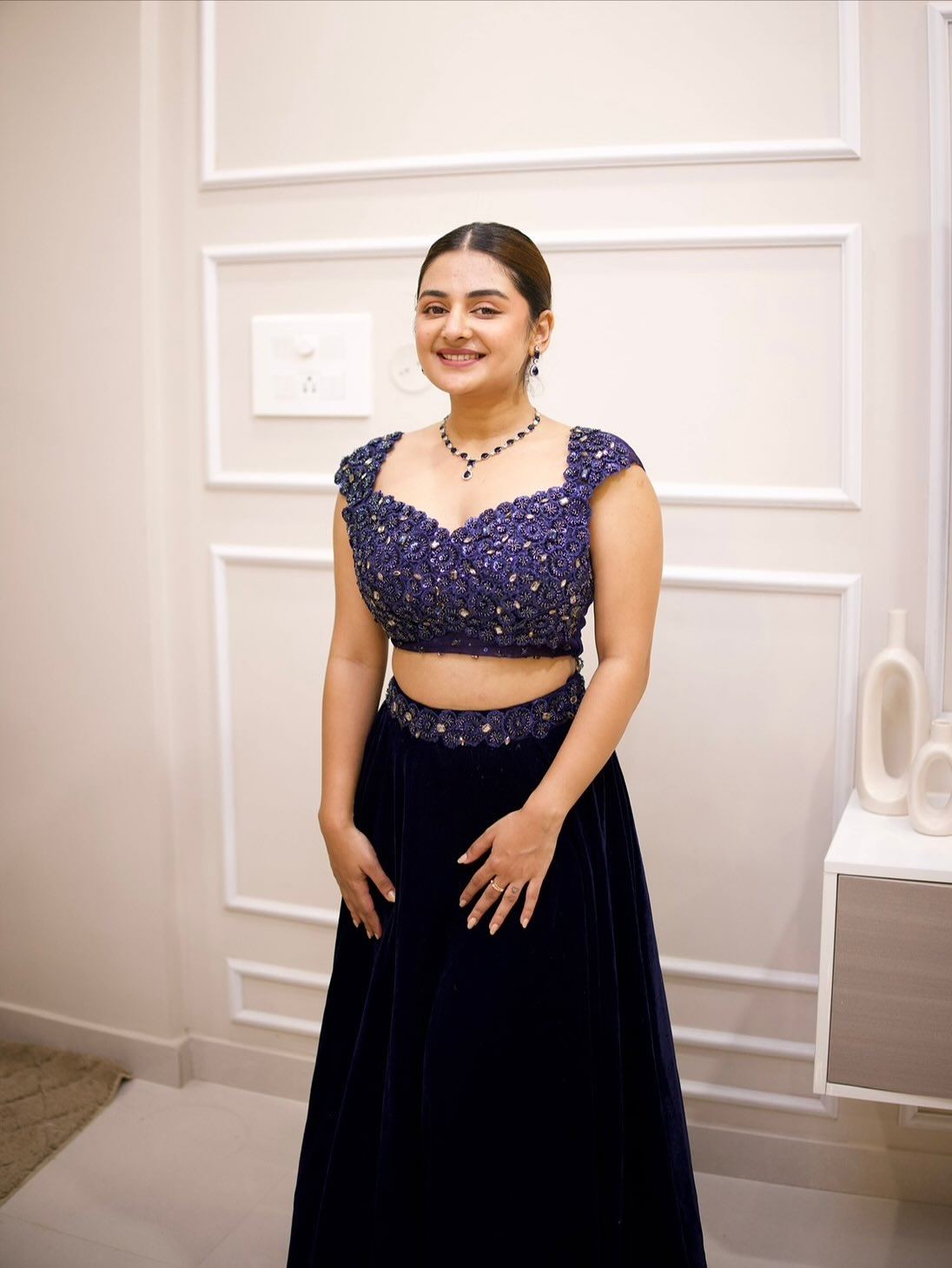 Esther Anil In Navy Velvet Lehenga Look