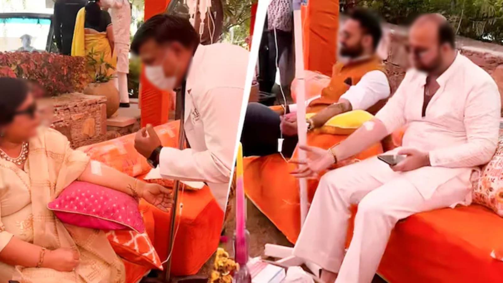 Guests using IV drips at wedding event