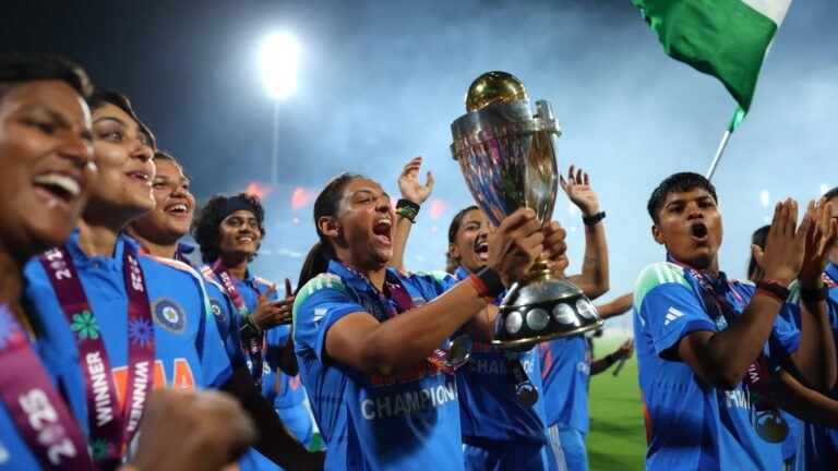 Harmanpreet Kaur lifts Women’s World Cup trophy