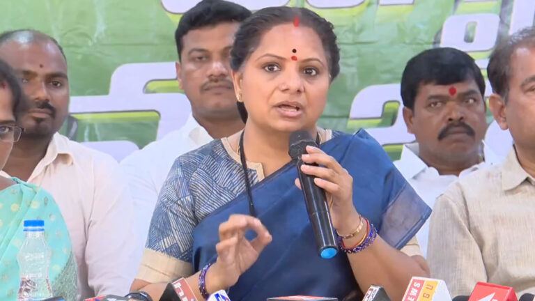 Kavitha accusing BRS leaders of corruption during media briefing