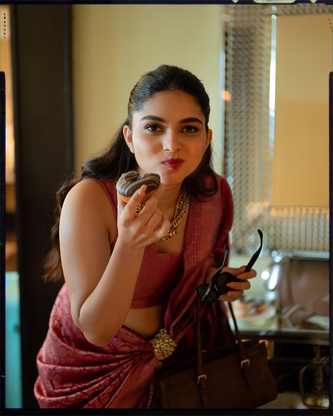 Kayadu Lohar Holding Sunglasses In Saree Look