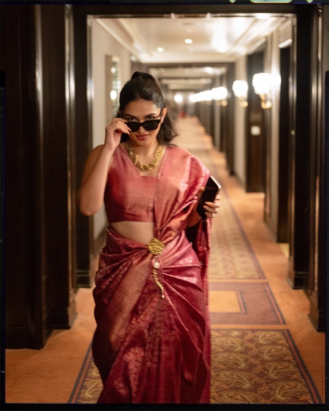 Kayadu Lohar Holding Sunglasses In Saree Look
