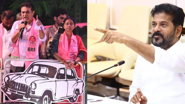 KTR criticizing Revanth Reddy as crowds react in Telangana political rally