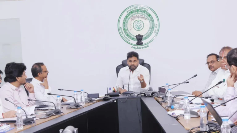 Pawan Kalyan reviewing department projects with officials at Mangalagiri camp office