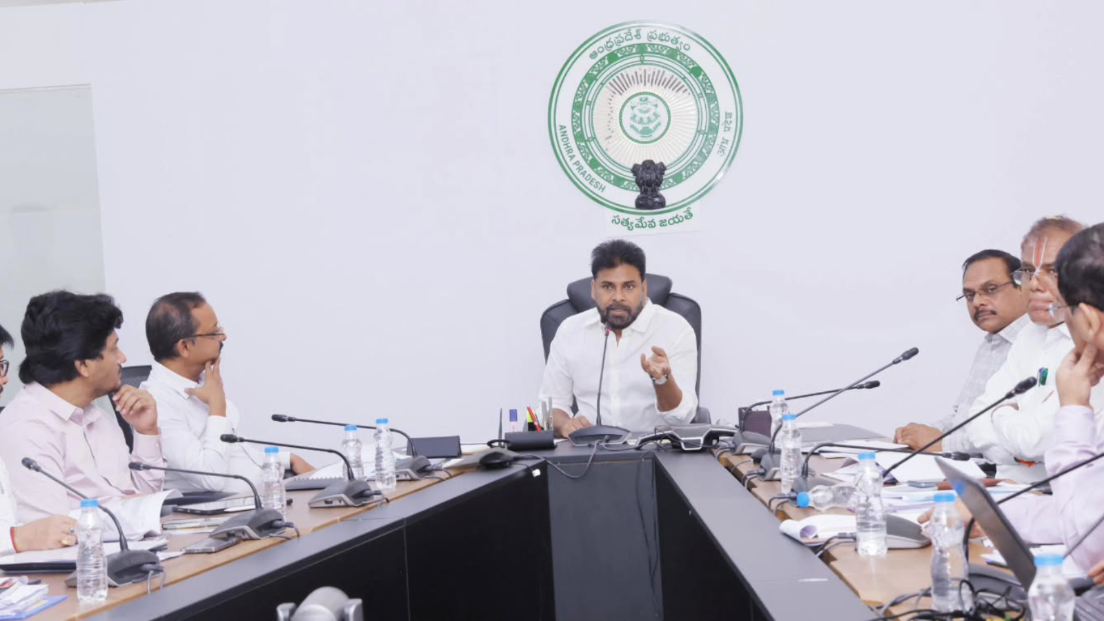 Pawan Kalyan reviewing department projects with officials at Mangalagiri camp office