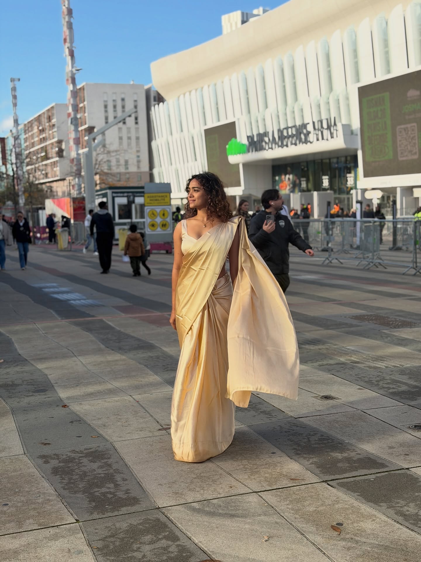 Saanve Megghana Golden Saree Look