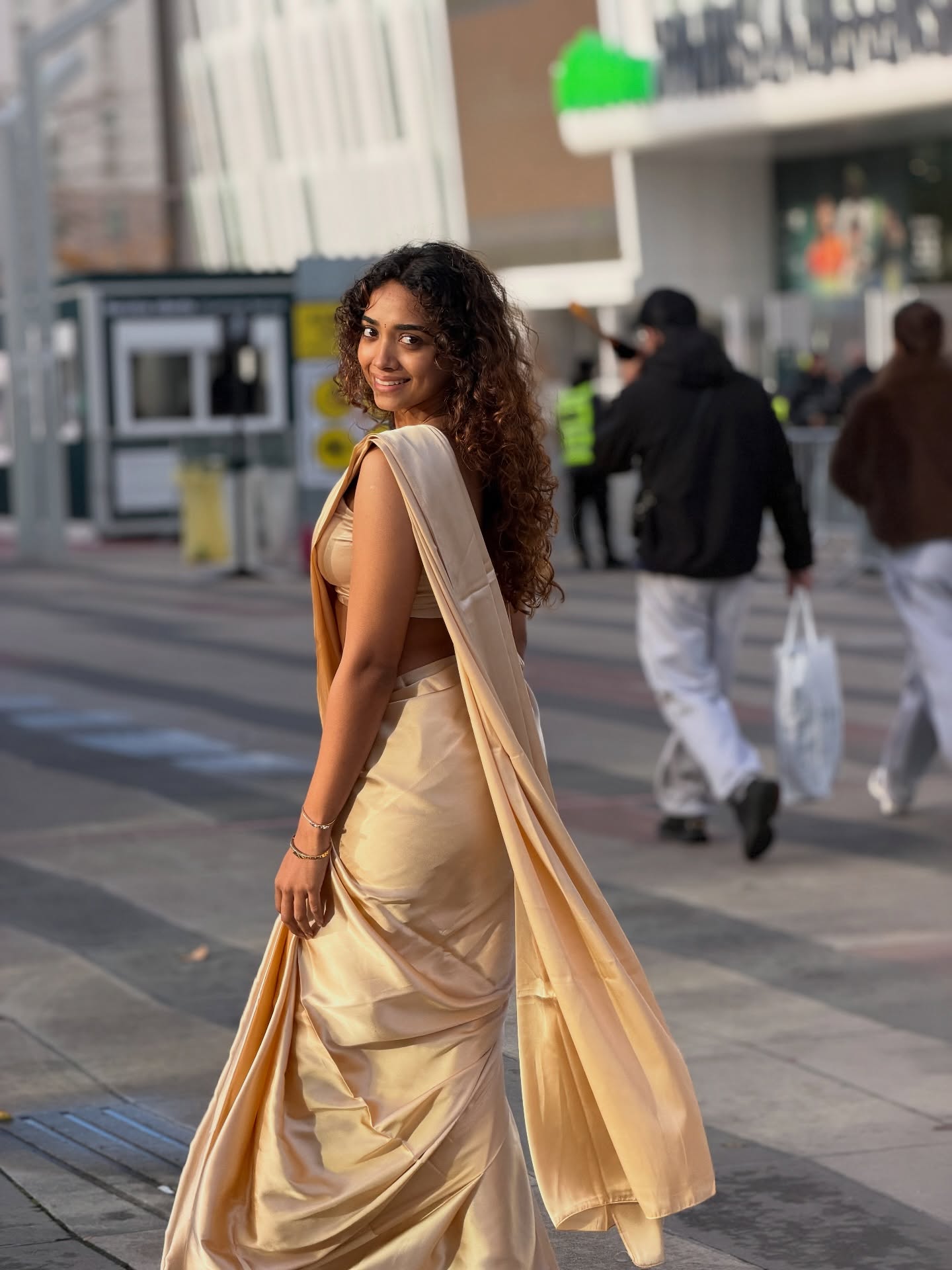 Saanve Megghana Golden Saree Look
