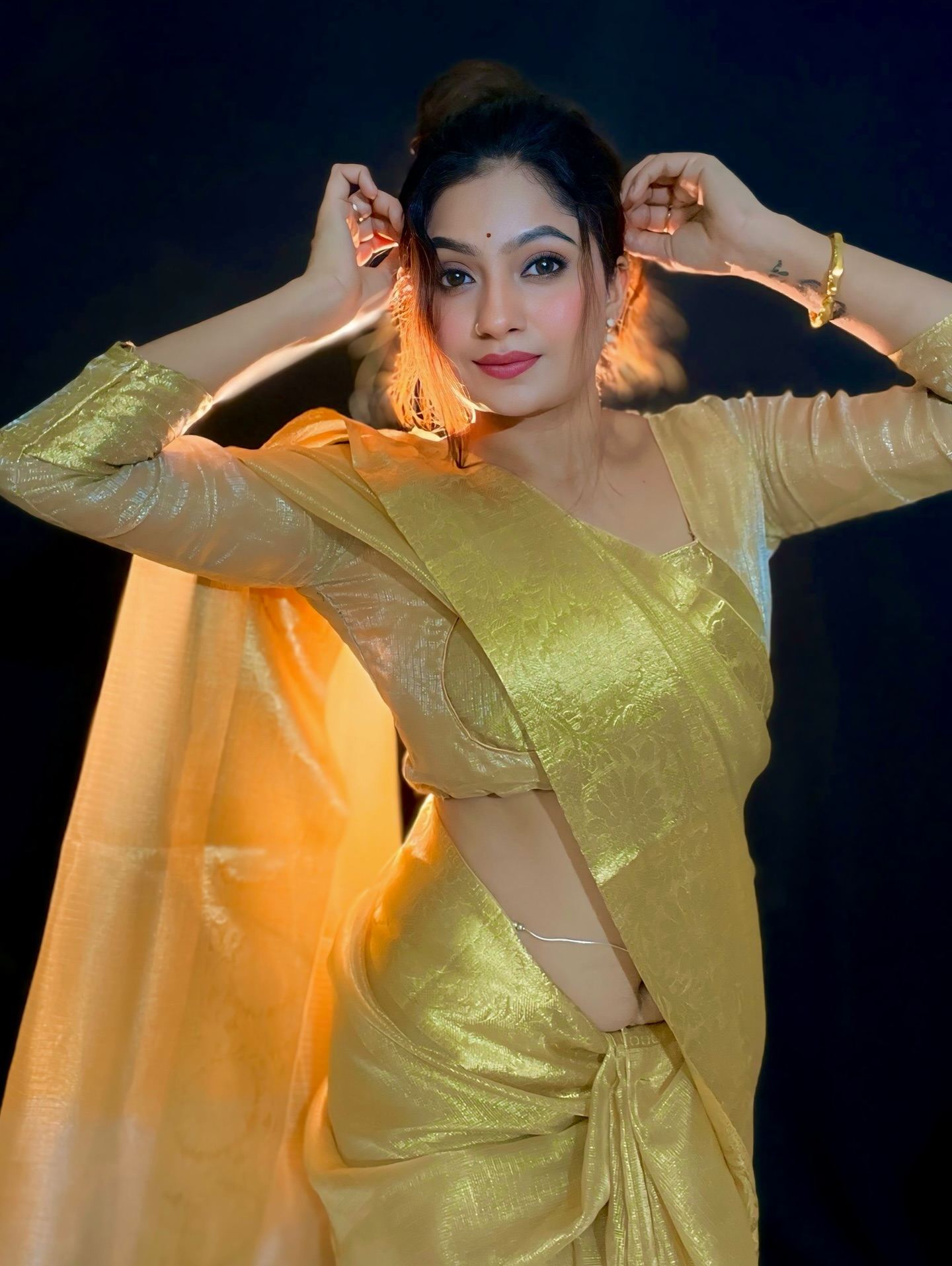 Sanam Joshi Golden Saree Elegant Front Pose