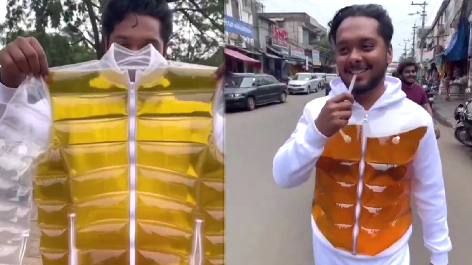 Man using winter jacket as mobile bar