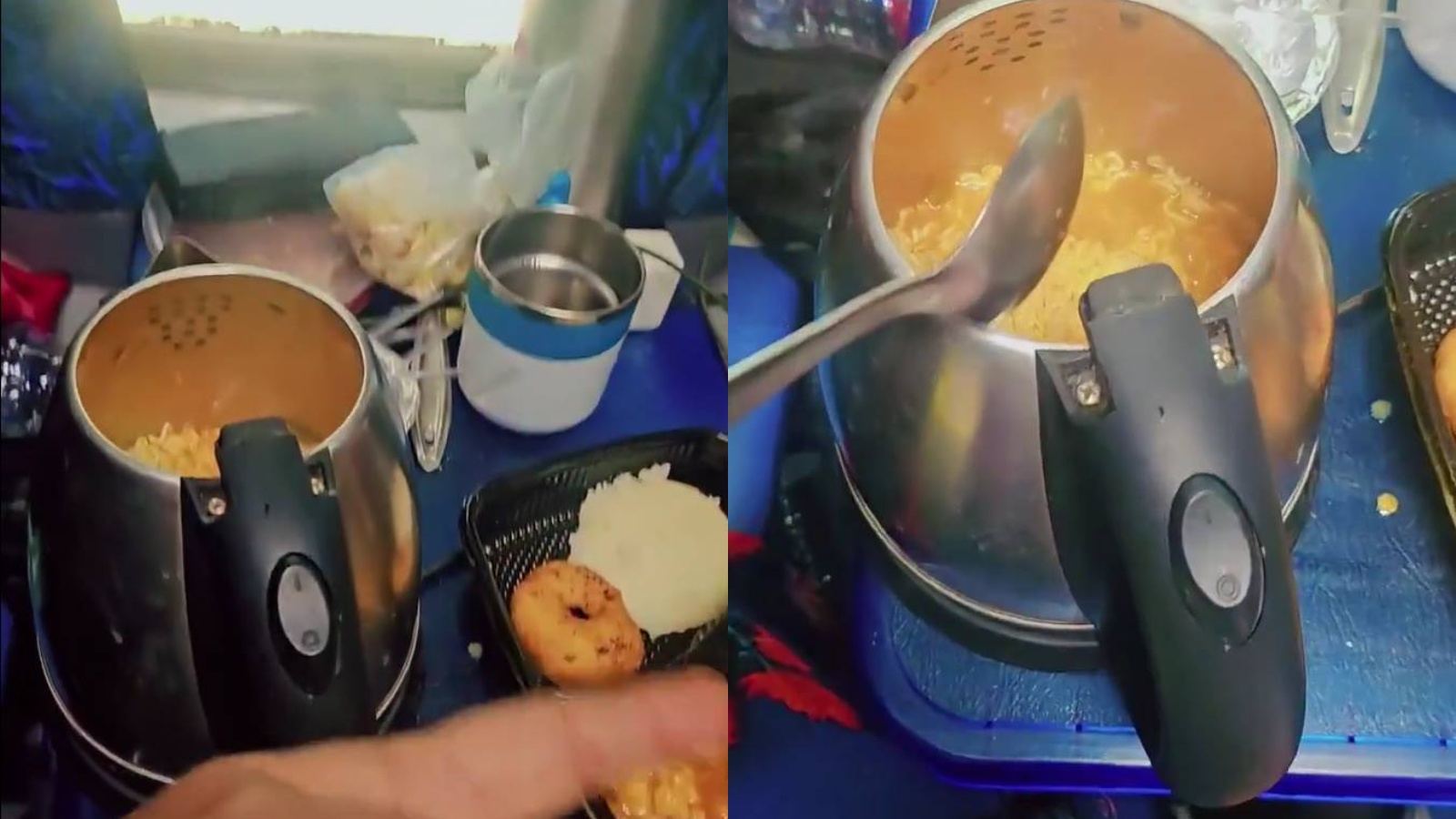 Woman cooking Maggi inside train compartment