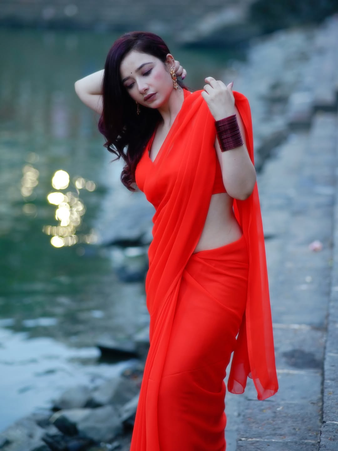 Amrita Mishra Looking Down Shy Pose In Red Sari