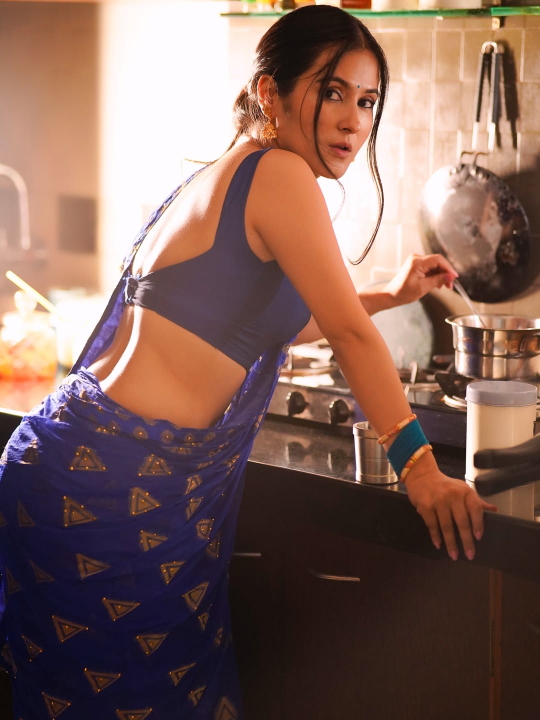 Binita Budathoki Hot Blue Saree Kitchen Look