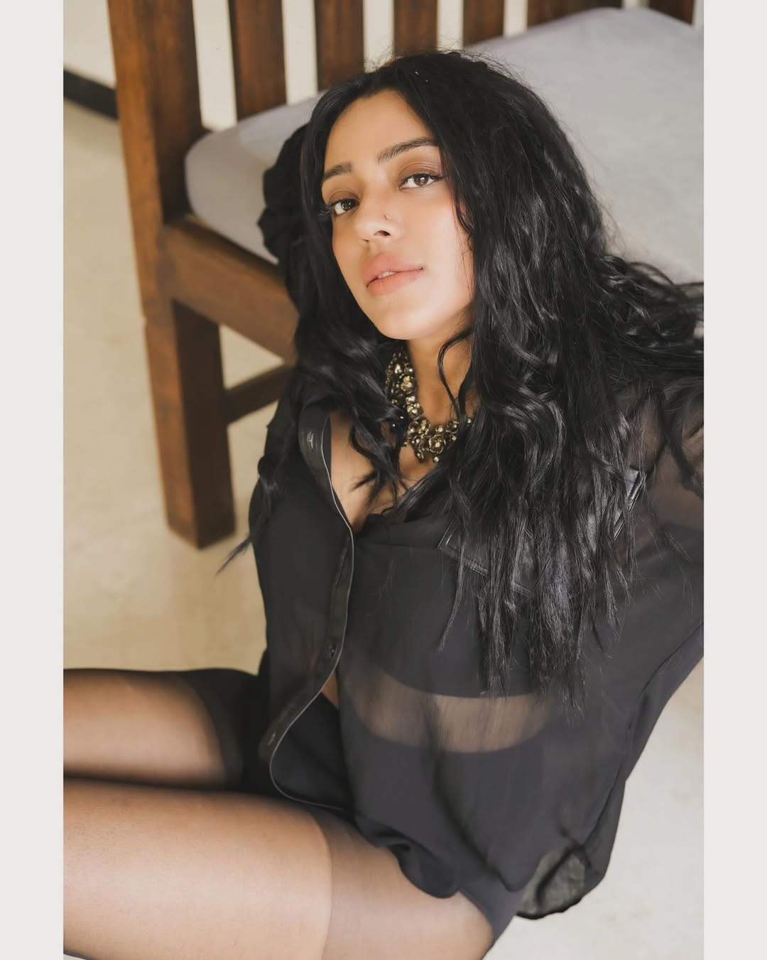Deviyani Sharma Bold Pose In Black Shirt On Bed