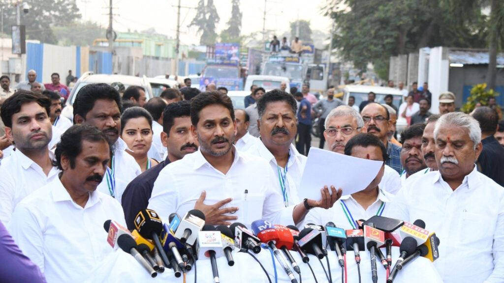 Jagan Mohan Reddy addressing a public gathering amid political controversy in Andhra Pradesh
