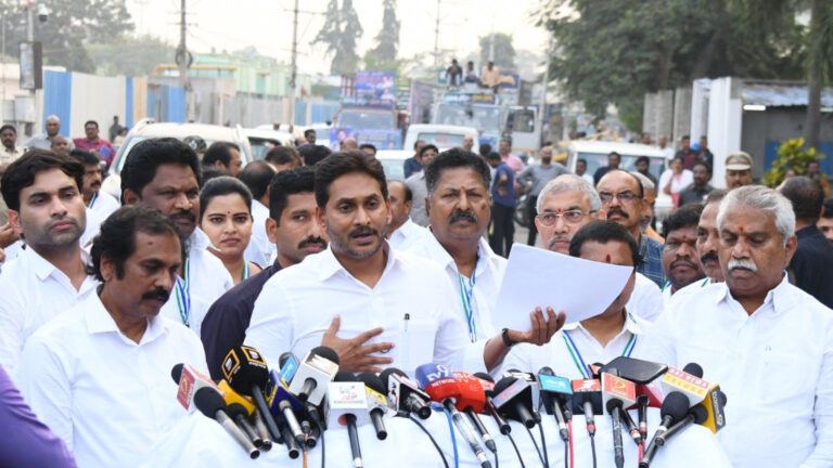Jagan Mohan Reddy addressing a public gathering amid political controversy in Andhra Pradesh