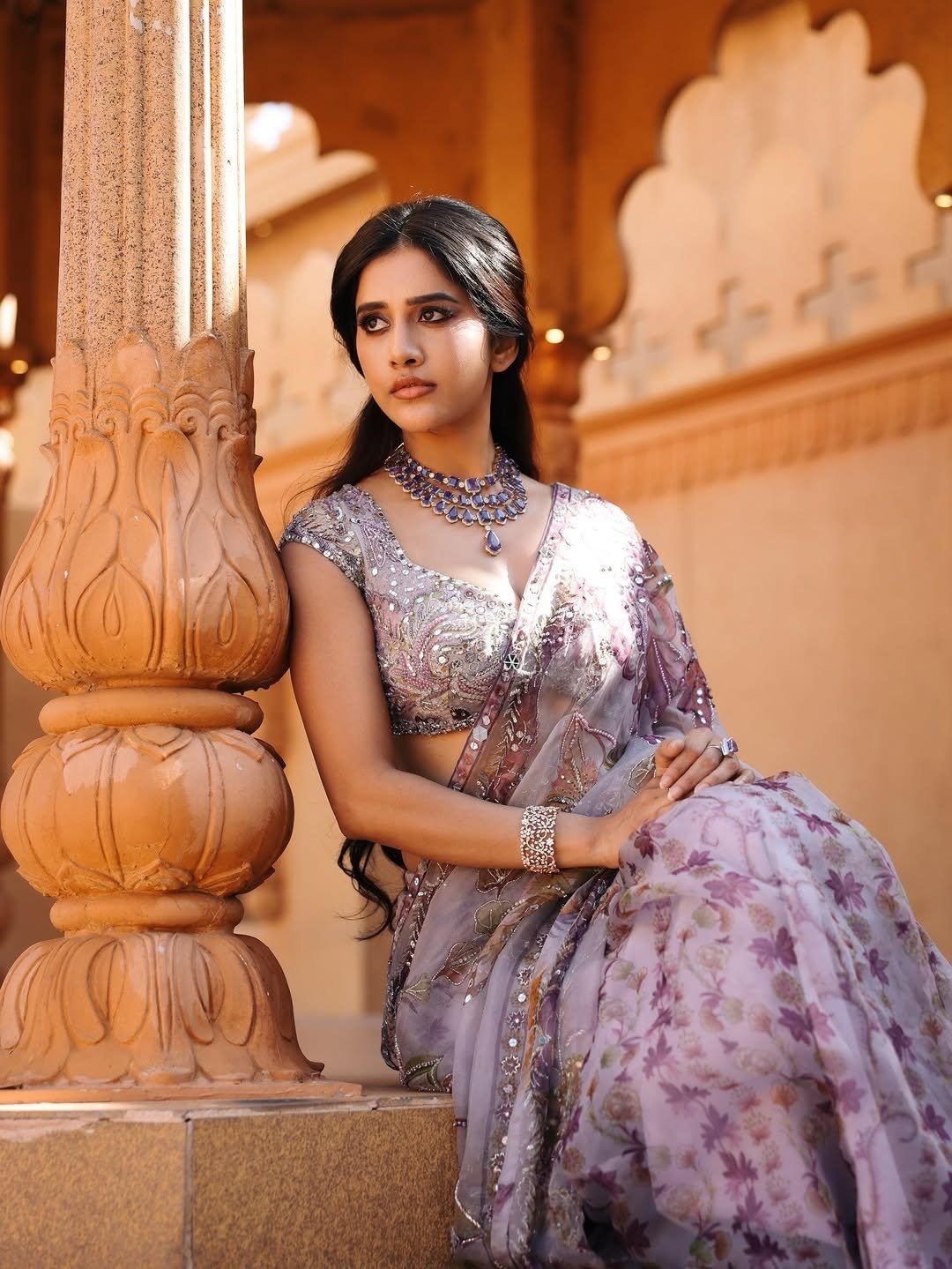 Nabha Natesh Looks Away In A Candid Saree Pose