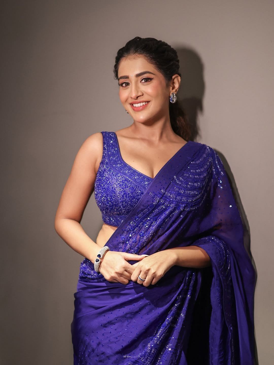 Rashi Singh Smiling In Blue Party Saree Close Up