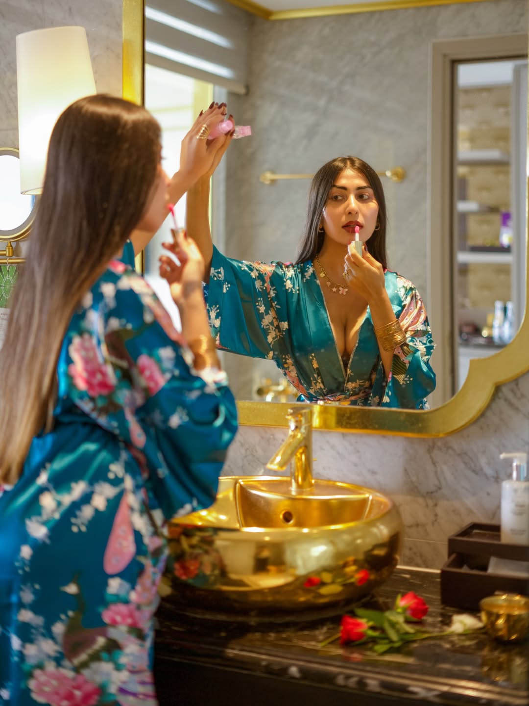 Ruma Sharma Applies Lipstick In The Mirror Pose