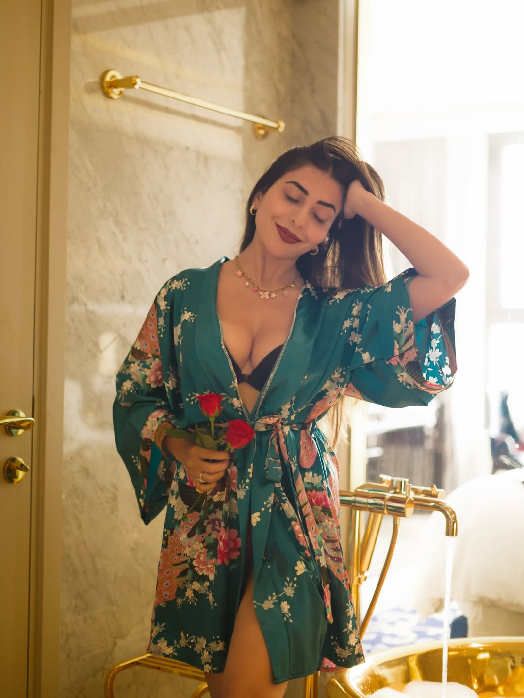 The Actress Poses With A Red Rose In The Bathroom