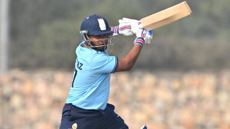 Sarfaraz Khan playing a big shot for Mumbai
