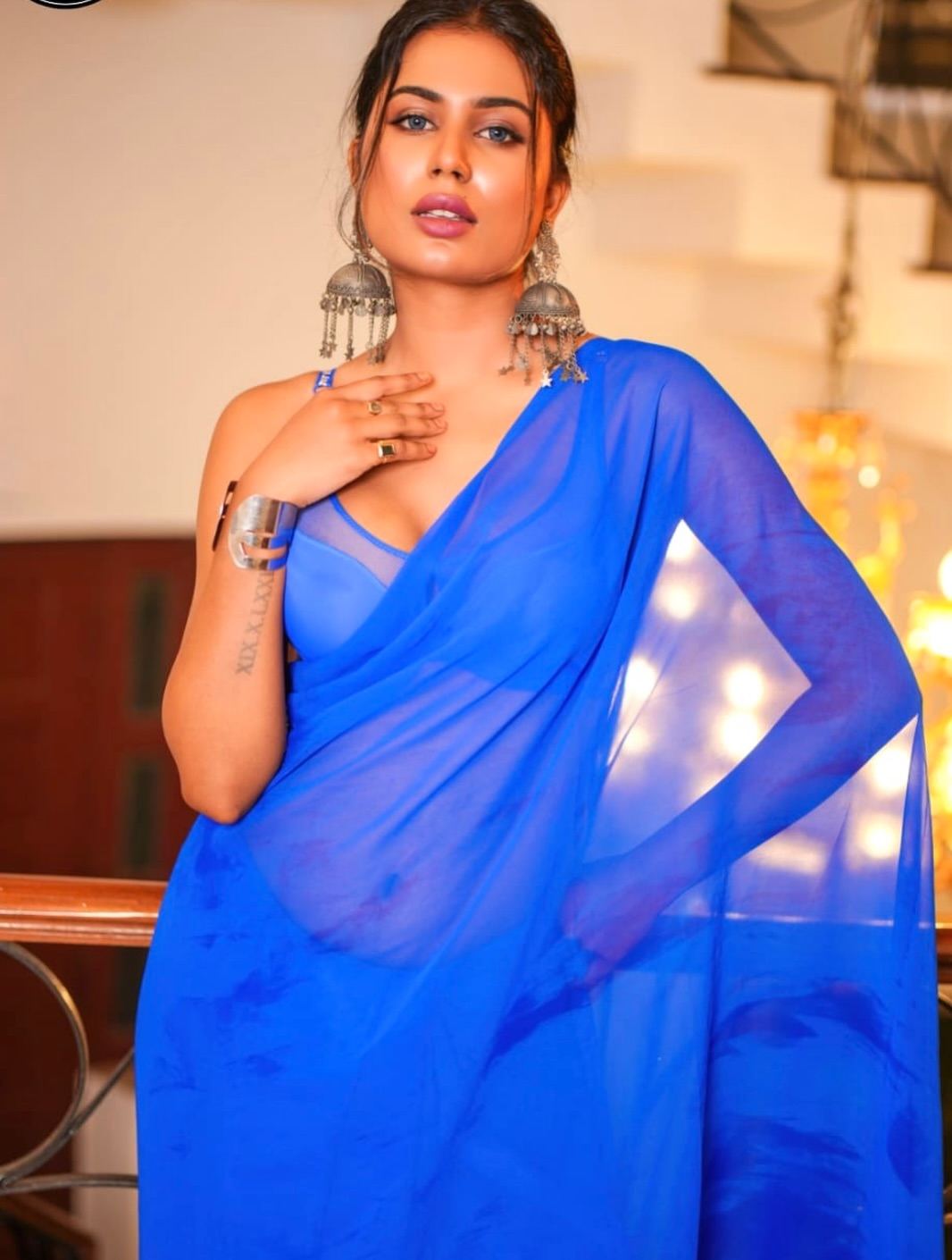 SristiPriya Das Posing In Electric Blue Saree Now