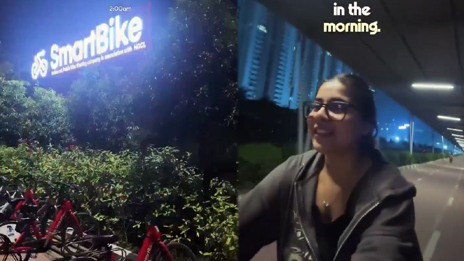 Woman cycling at Hyderabad track at night