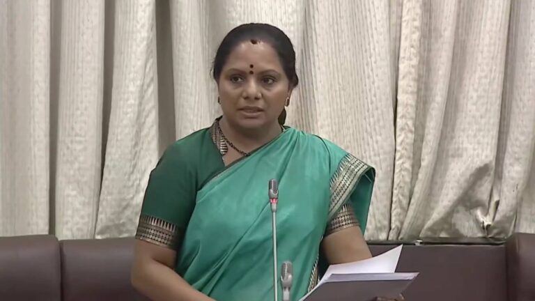 Kavitha speaking to media in Hyderabad
