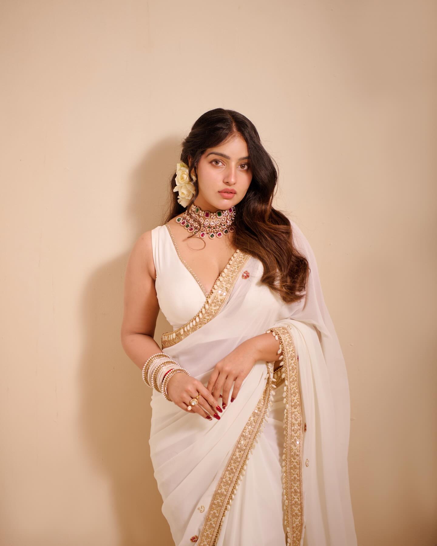 Malavika Menon In Ivory Saree With Regal Jewellery