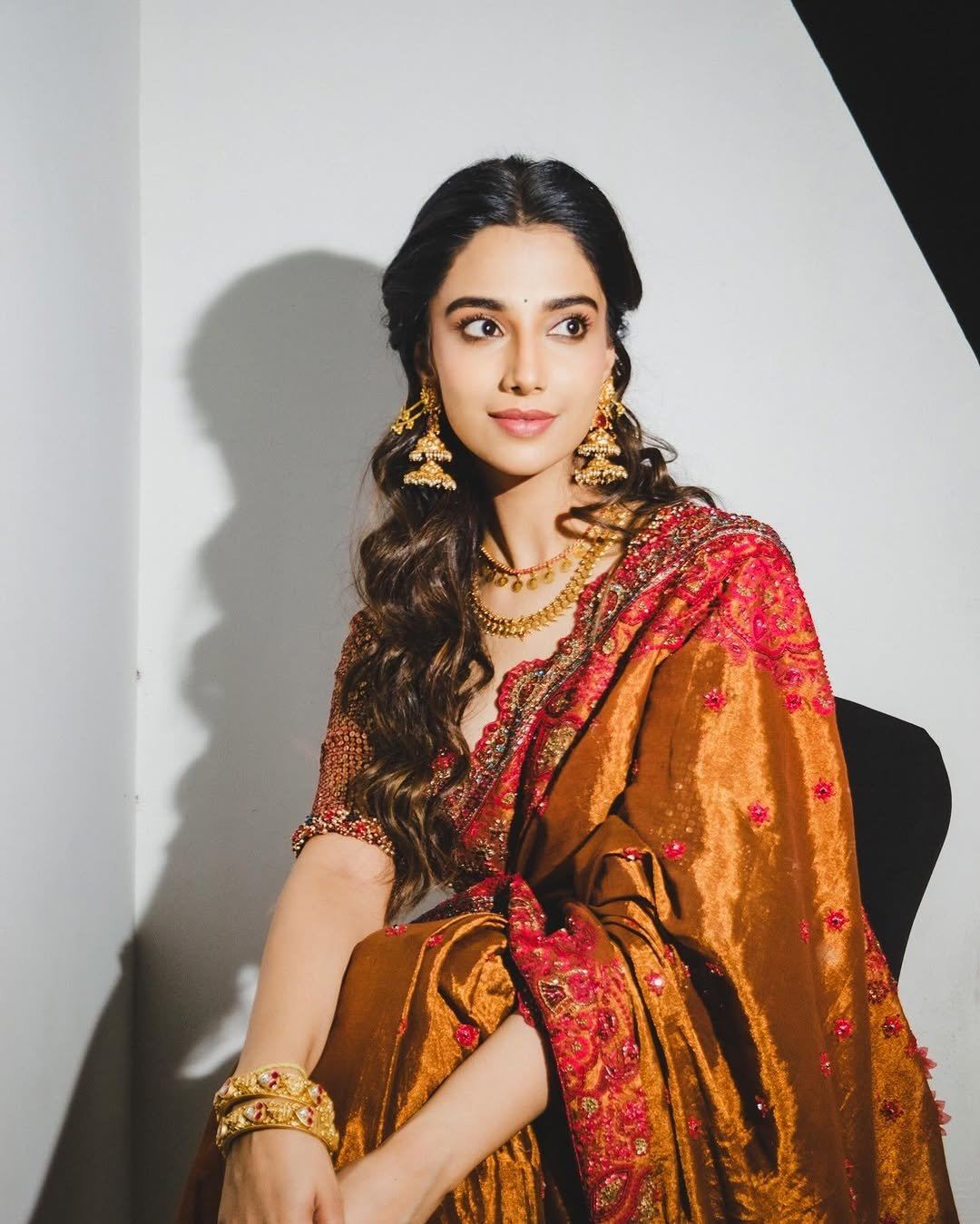 Close Up Of Meenakshi Chaudhary In Gold Saree.