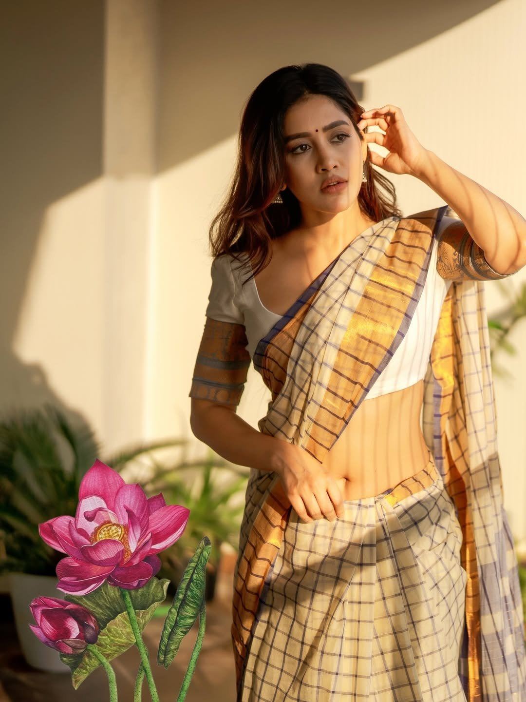 Nabha Natesh Posing In Chic White Saree Blouse Drape